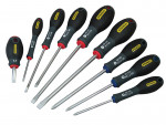 A set of 9 Stanley screwdrivers with colour-coded handles covering a range of flathead and Phillips sizes.,