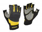A pair of work gloves with a textured grip palm and adjustable wrist closure, designed for general site use.