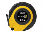 A black and yellow Stabila LBM 2000 Fibreglass measuring tape, showing a length of 20 meters, with a circular design and a handle on the left side.