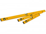 Three yellow spirit levels of different lengths are arranged diagonally on a white background, each with black end caps and green bubble vials for measuring balance and straightness.