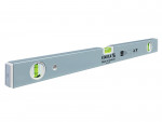 A silver Stabila spirit level with two bubble vials, one on the end and one in the middle, placed on a white background.