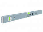 A silver Stabila spirit level with two bubble vials, one on the side and one on top, used for measuring surface levelness; text and markings are visible on the body.
