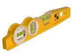 A yellow Stabila spirit level tool with three bubble vials and a built-in angle gauge, used for measuring horizontal, vertical, and angled surfaces.