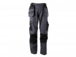 A pair of grey work trousers designed for use on construction sites and in industrial work environments.,