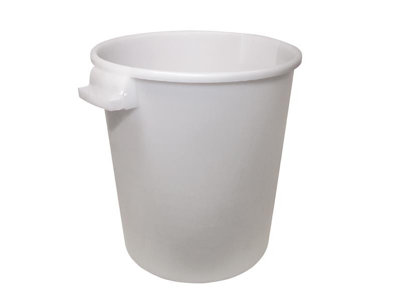 A heavy-duty plastic site bucket with a sturdy carry handle and measurement markings on the interior, for mixing and transporting materials.