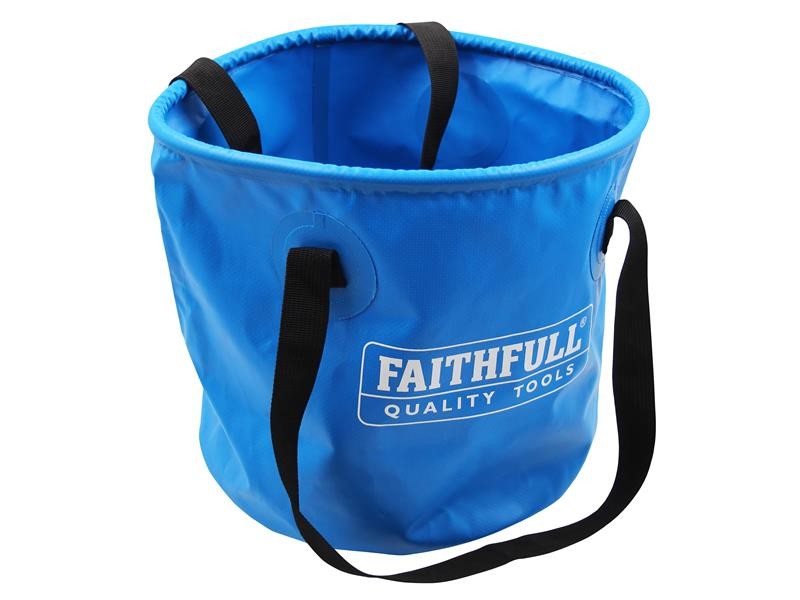 A heavy-duty plastic site bucket with a sturdy carry handle and measurement markings on the interior, for mixing and transporting materials.