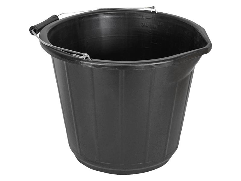 A heavy-duty plastic site bucket with a sturdy carry handle and measurement markings on the interior, for mixing and transporting materials.