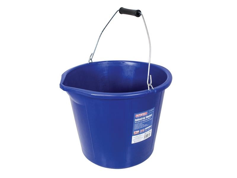 A heavy-duty plastic site bucket with a sturdy carry handle and measurement markings on the interior, for mixing and transporting materials.