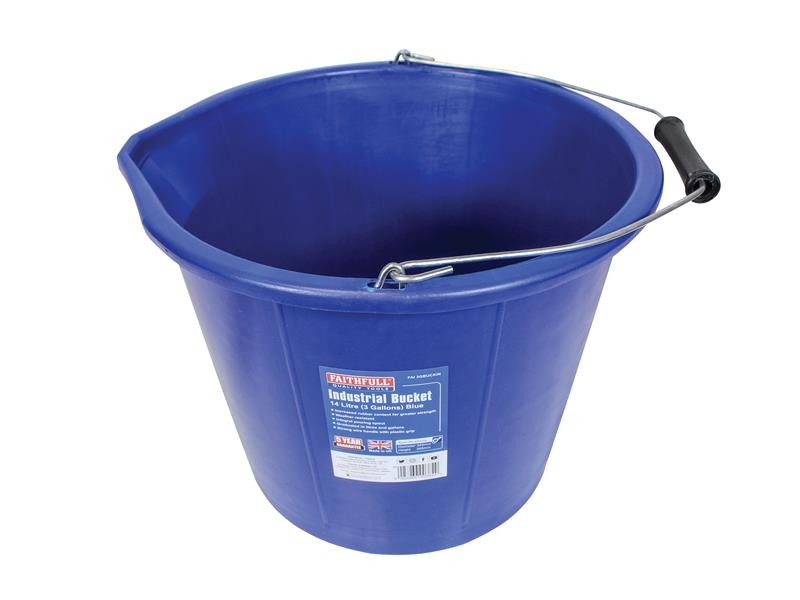 A heavy-duty plastic site bucket with a sturdy carry handle and measurement markings on the interior, for mixing and transporting materials.