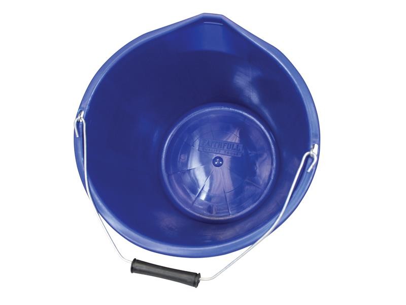 A heavy-duty plastic site bucket with a sturdy carry handle and measurement markings on the interior, for mixing and transporting materials.