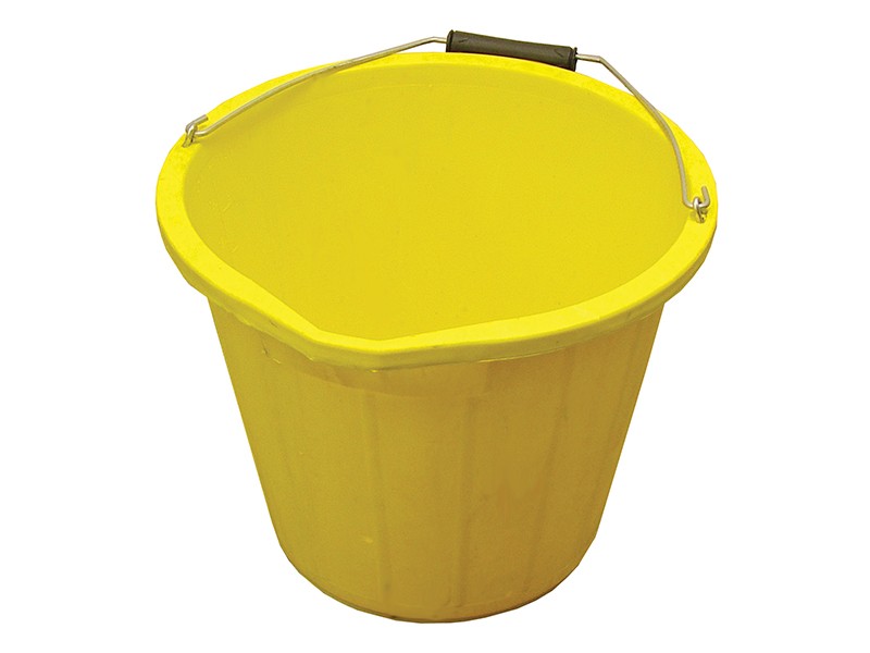 A heavy-duty plastic site bucket with a sturdy carry handle and measurement markings on the interior, for mixing and transporting materials.