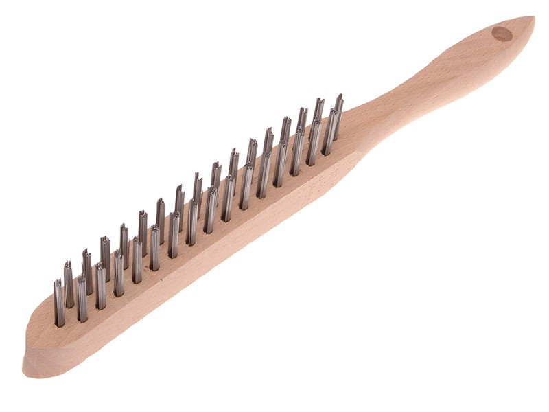 A wire brush with steel or brass bristle rows in a wooden or plastic handle, for removing rust, scale, and surface contaminants from metal.