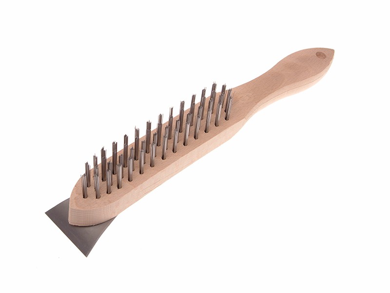 A wire brush with steel or brass bristle rows in a wooden or plastic handle, for removing rust, scale, and surface contaminants from metal.