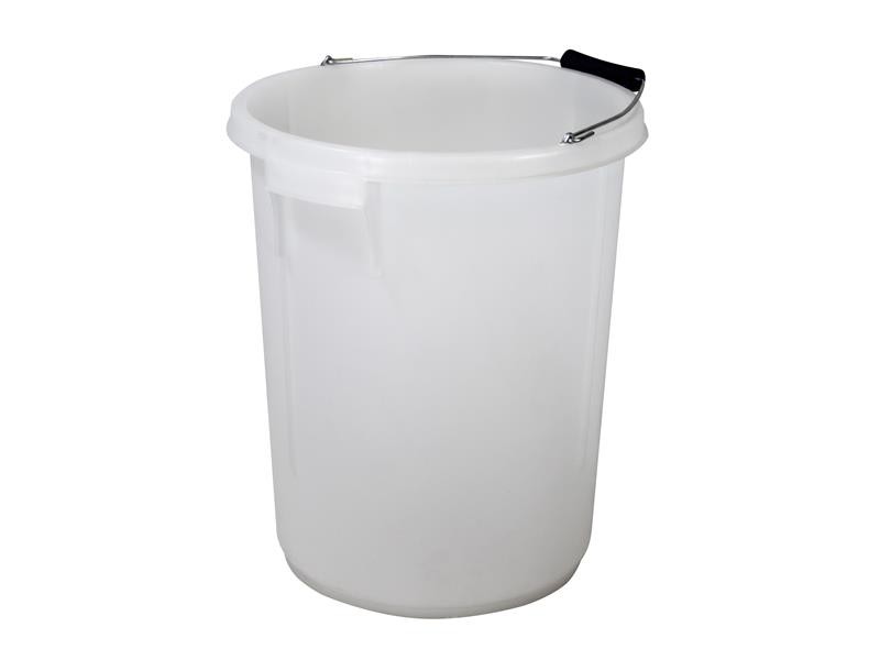 A heavy-duty plastic site bucket with a sturdy carry handle and measurement markings on the interior, for mixing and transporting materials.