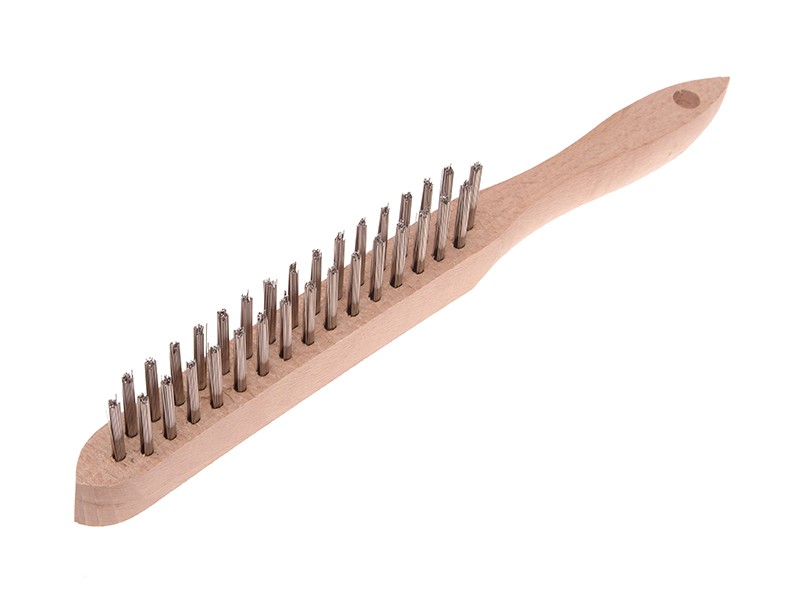 A wire brush with steel or brass bristle rows in a wooden or plastic handle, for removing rust, scale, and surface contaminants from metal.