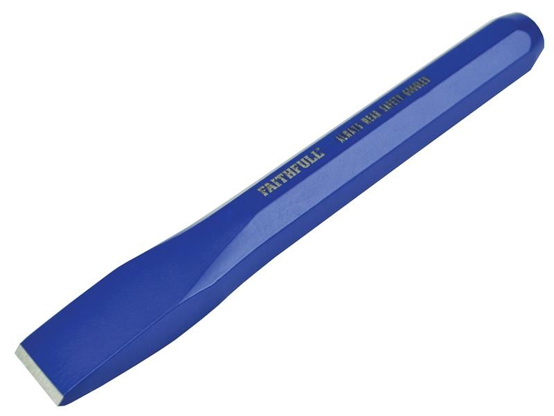 A hardened steel 25mm bolster chisel with a wide flat blade, used for cutting masonry, tiles, and breaking out concrete.