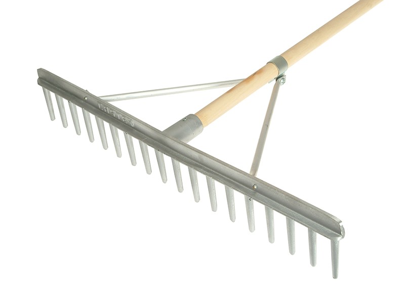 A Faithfull garden rake with multiple hardened steel tines and a long wooden handle, for levelling soil and clearing debris.