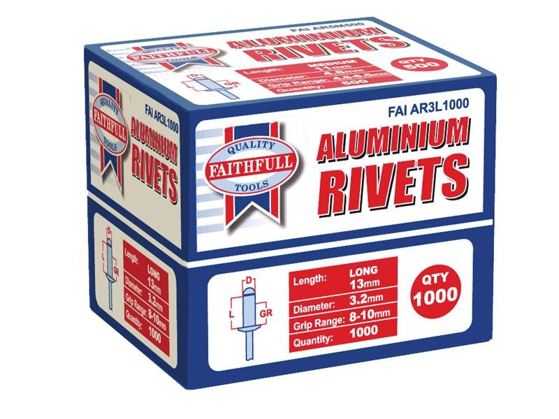 An aluminium 3.2×13mm dome-head blind rivet with a steel mandrel, used for joining sheet materials where access is only available from one side.