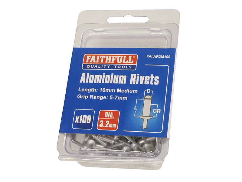An aluminium 3.2×10mm dome-head blind rivet with a steel mandrel, used for joining sheet materials where access is only available from one side.