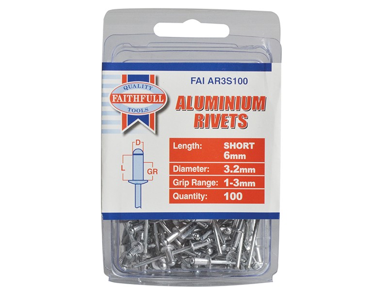 An aluminium 3.2×6mm dome-head blind rivet with a steel mandrel, used for joining sheet materials where access is only available from one side.