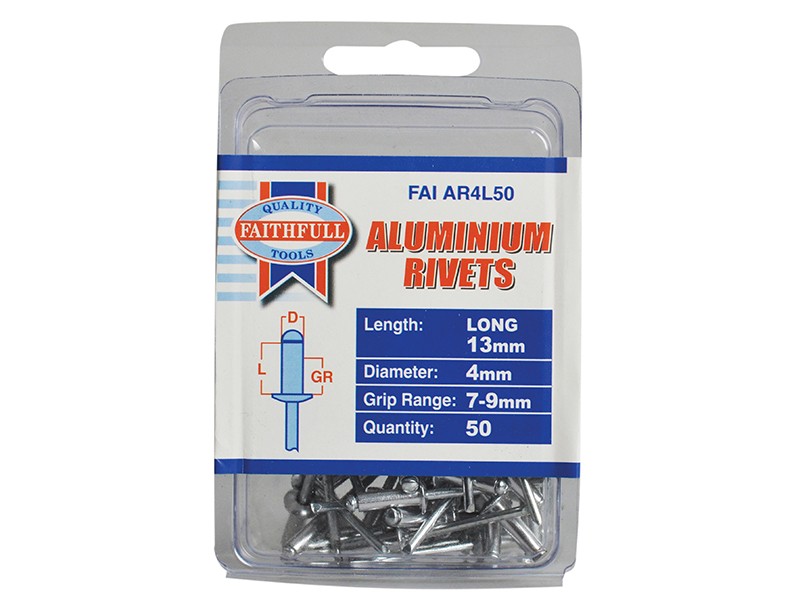 An aluminium 4×13mm dome-head blind rivet with a steel mandrel, used for joining sheet materials where access is only available from one side.
