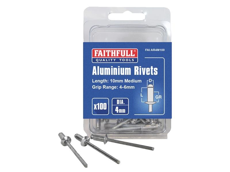 An aluminium 4×10mm dome-head blind rivet with a steel mandrel, used for joining sheet materials where access is only available from one side.