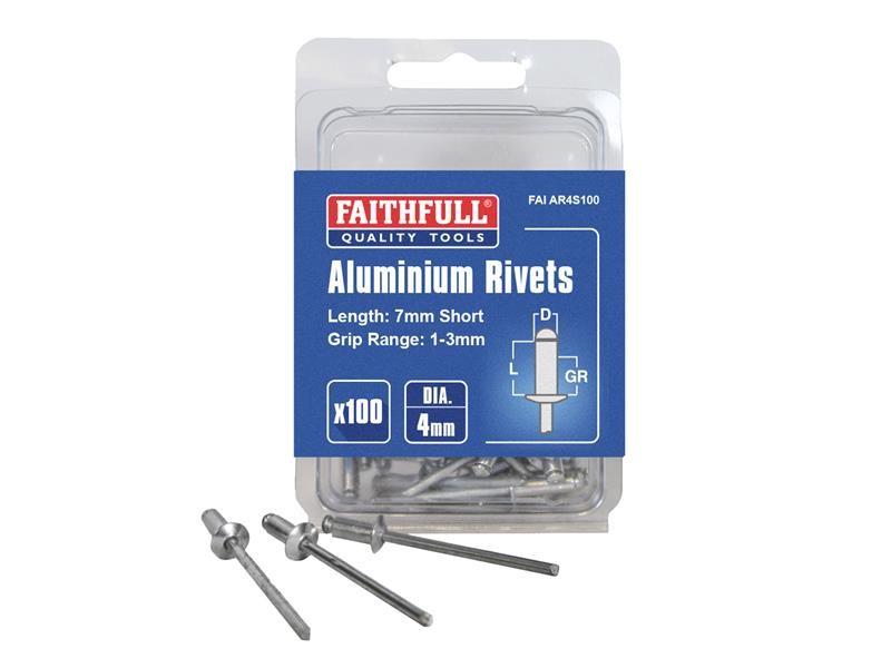 An aluminium 4×7mm dome-head blind rivet with a steel mandrel, used for joining sheet materials where access is only available from one side.