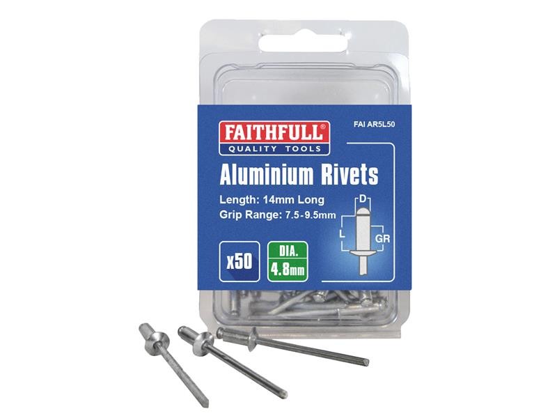 An aluminium 4.8×14mm dome-head blind rivet with a steel mandrel, used for joining sheet materials where access is only available from one side.
