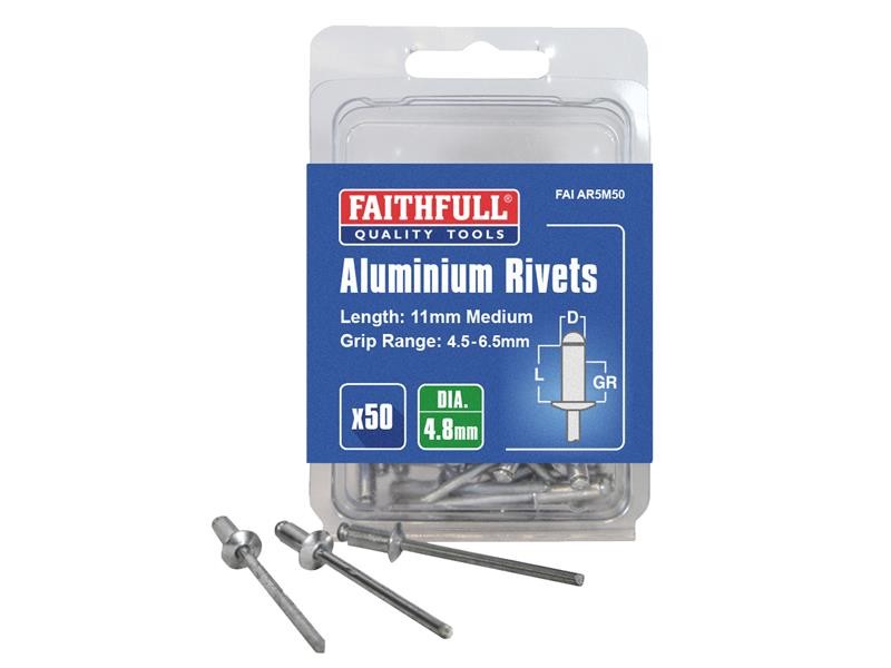 An aluminium 4.8×11mm dome-head blind rivet with a steel mandrel, used for joining sheet materials where access is only available from one side.