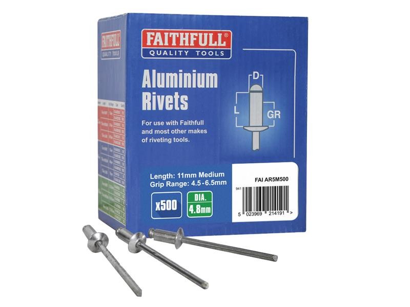 An aluminium 4.8×11mm dome-head blind rivet with a steel mandrel, used for joining sheet materials where access is only available from one side.