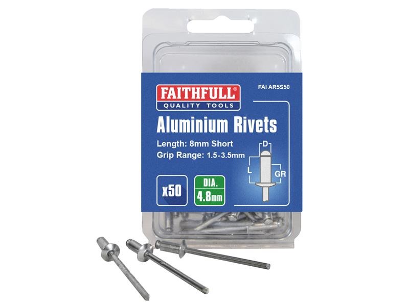 An aluminium 4.8×8mm dome-head blind rivet with a steel mandrel, used for joining sheet materials where access is only available from one side.