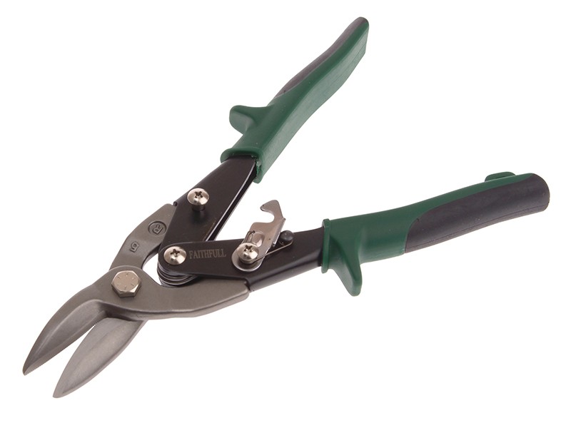 A pair of compound-action tin snips with serrated blades and colour-coded handles indicating the cutting direction.,