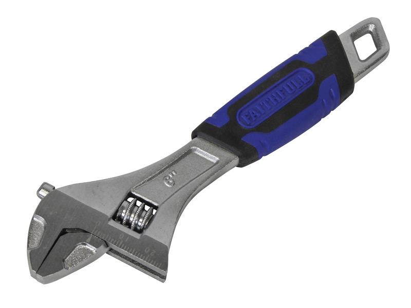 A Faithfull adjustable spanner with a smooth-jaw jaw opening controlled by a worm-gear wheel, suitable for a range of nut sizes.