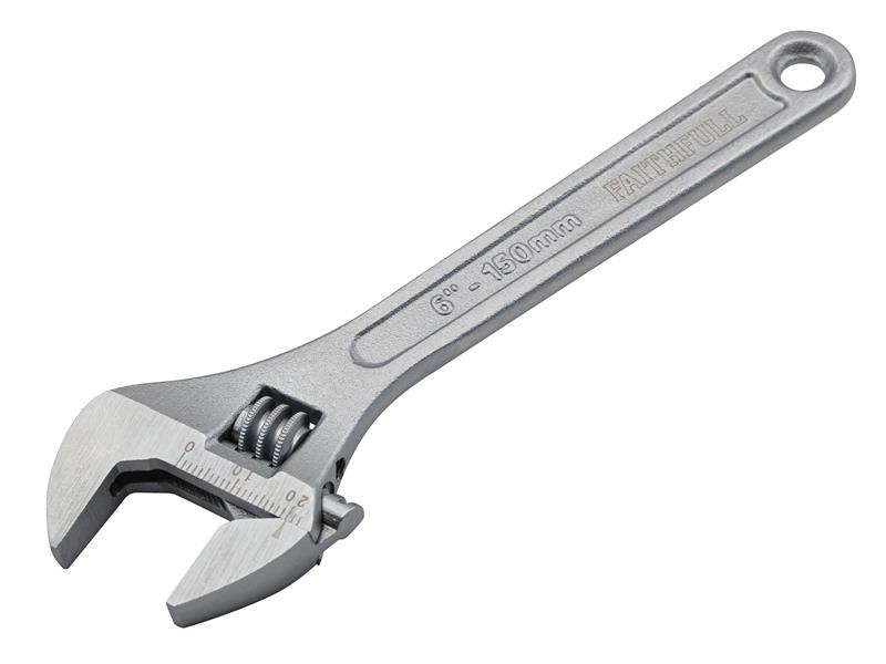 A Faithfull adjustable spanner with a smooth-jaw jaw opening controlled by a worm-gear wheel, suitable for a range of nut sizes.