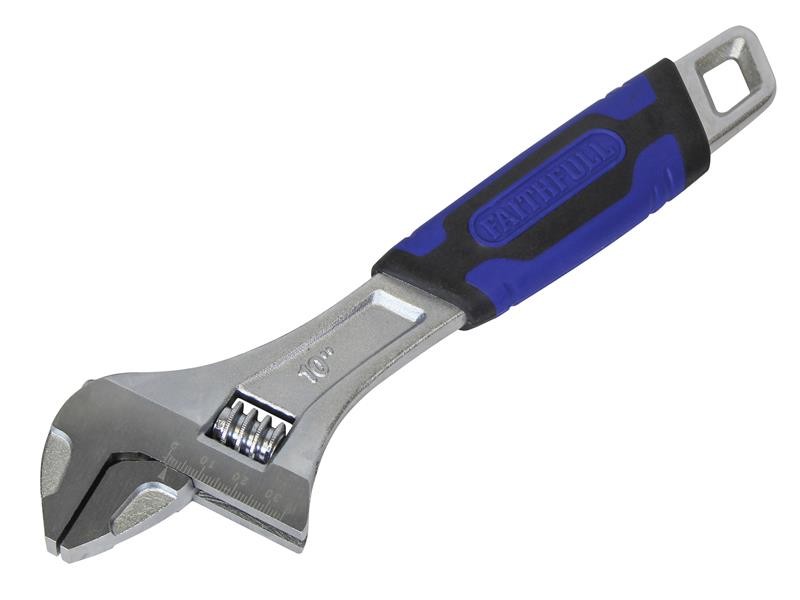 A Faithfull adjustable spanner with a smooth-jaw jaw opening controlled by a worm-gear wheel, suitable for a range of nut sizes.