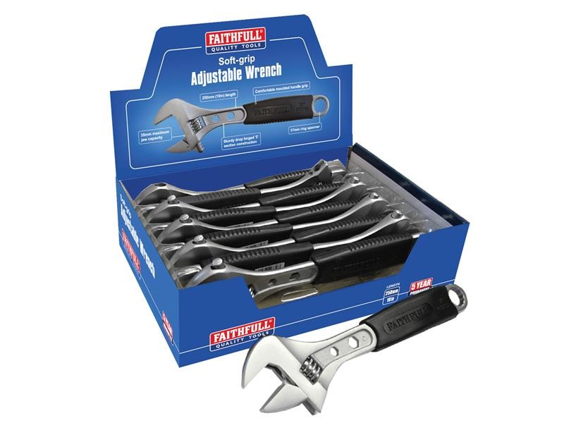 A Faithfull adjustable spanner with a smooth-jaw jaw opening controlled by a worm-gear wheel, suitable for a range of nut sizes.