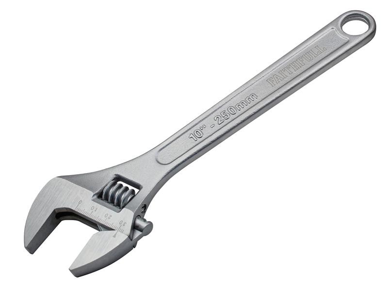 A Faithfull adjustable spanner with a smooth-jaw jaw opening controlled by a worm-gear wheel, suitable for a range of nut sizes.