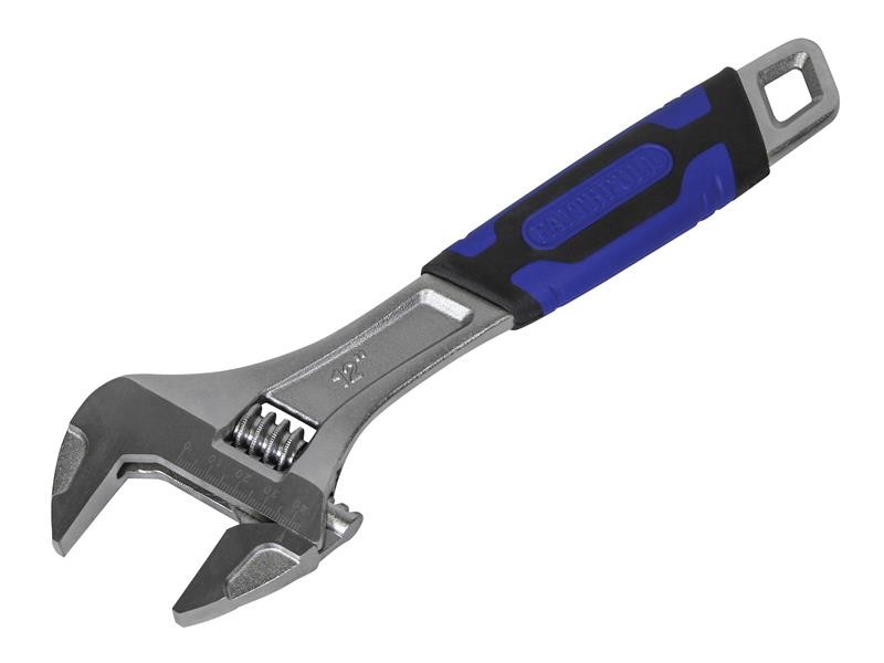 A Faithfull adjustable spanner with a smooth-jaw jaw opening controlled by a worm-gear wheel, suitable for a range of nut sizes.