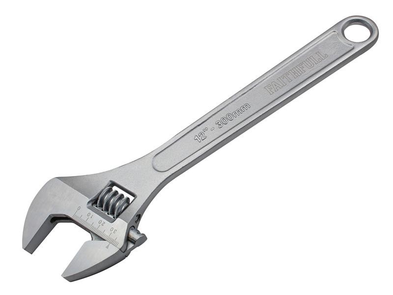 A Faithfull adjustable spanner with a smooth-jaw jaw opening controlled by a worm-gear wheel, suitable for a range of nut sizes.