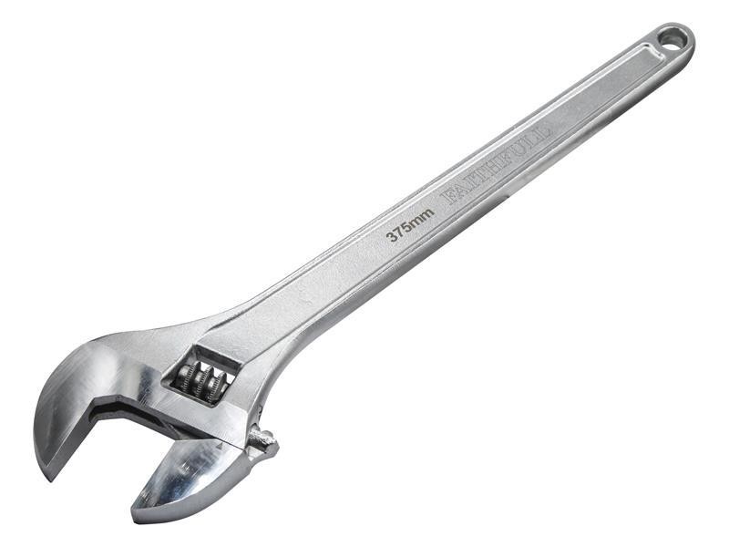 A Faithfull adjustable spanner with a smooth-jaw jaw opening controlled by a worm-gear wheel, suitable for a range of nut sizes.