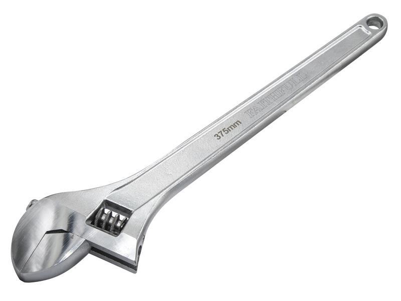 A Faithfull adjustable spanner with a smooth-jaw jaw opening controlled by a worm-gear wheel, suitable for a range of nut sizes.