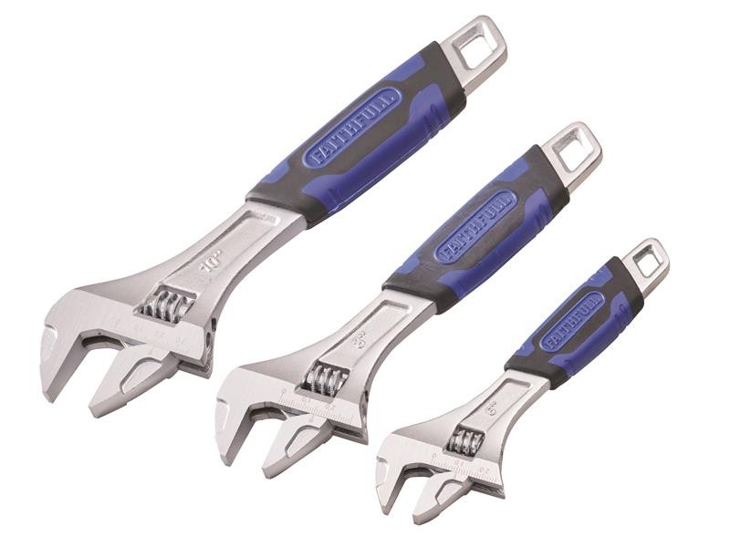 A Faithfull adjustable spanner with a smooth-jaw jaw opening controlled by a worm-gear wheel, suitable for a range of nut sizes.