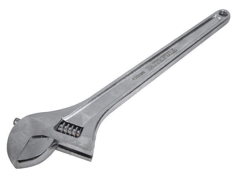 A Faithfull adjustable spanner with a smooth-jaw jaw opening controlled by a worm-gear wheel, suitable for a range of nut sizes.