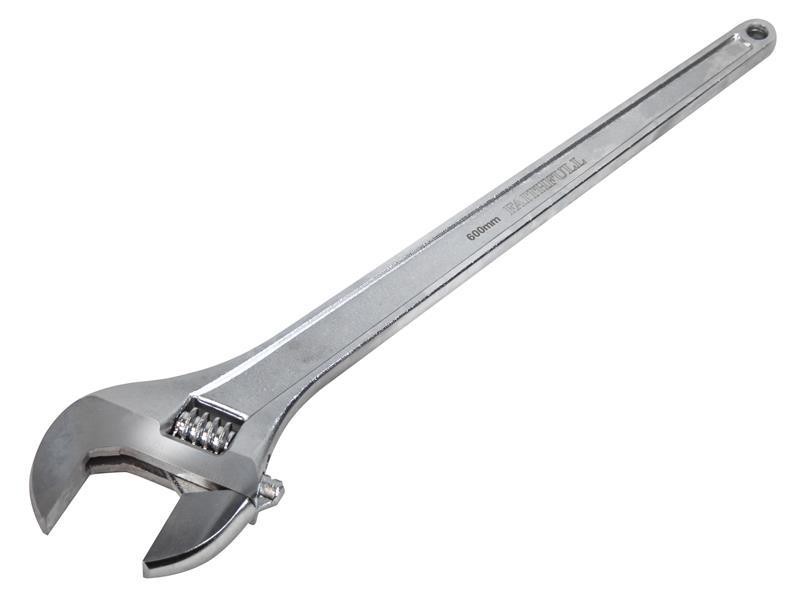 A Faithfull adjustable spanner with a smooth-jaw jaw opening controlled by a worm-gear wheel, suitable for a range of nut sizes.