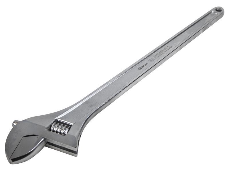 A Faithfull adjustable spanner with a smooth-jaw jaw opening controlled by a worm-gear wheel, suitable for a range of nut sizes.