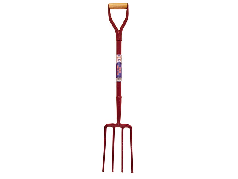 A Faithfull garden fork with four hardened steel tines and a wooden handle, for breaking up soil and lifting root vegetables.