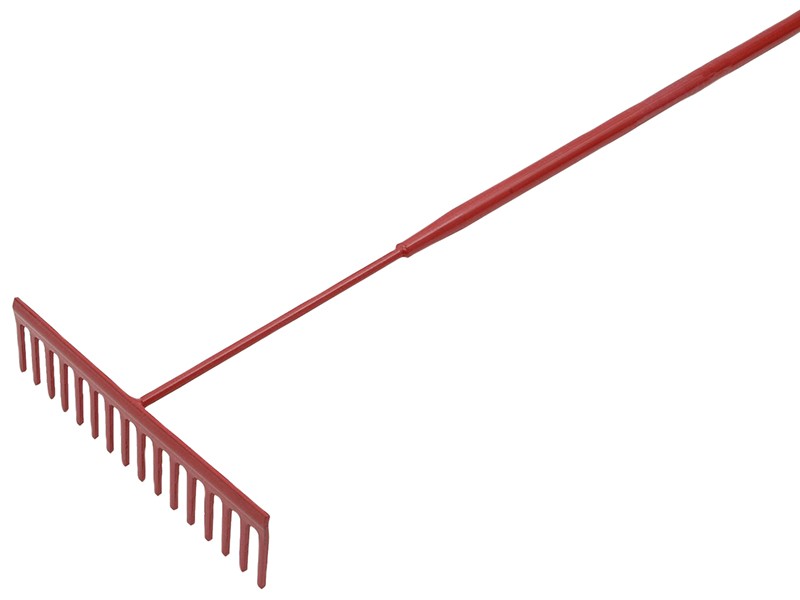 A Faithfull garden rake with multiple hardened steel tines and a long wooden handle, for levelling soil and clearing debris.