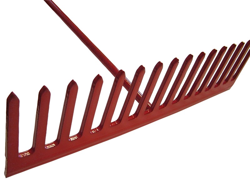 A Faithfull garden rake with multiple hardened steel tines and a long wooden handle, for levelling soil and clearing debris.