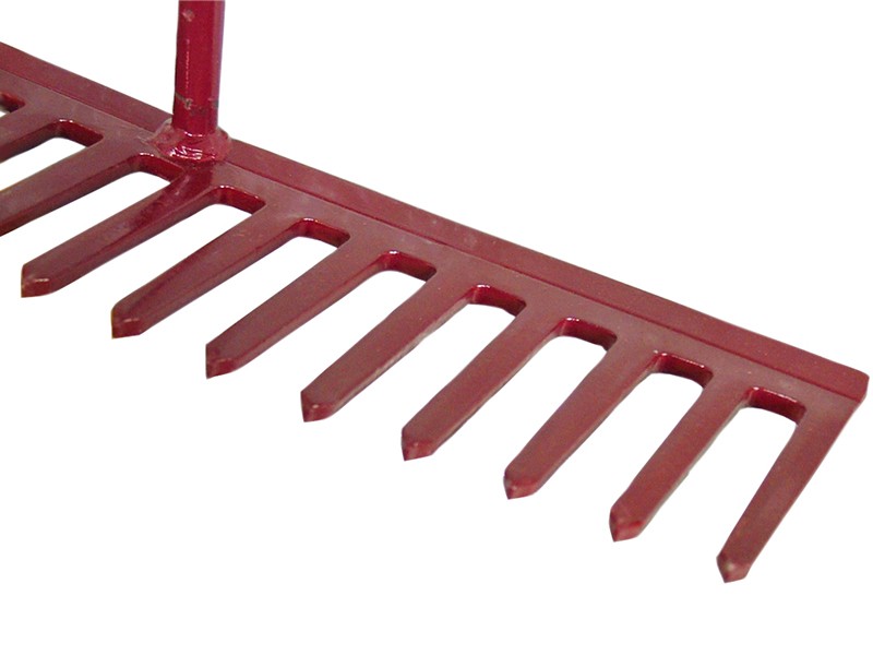 A Faithfull garden rake with multiple hardened steel tines and a long wooden handle, for levelling soil and clearing debris.