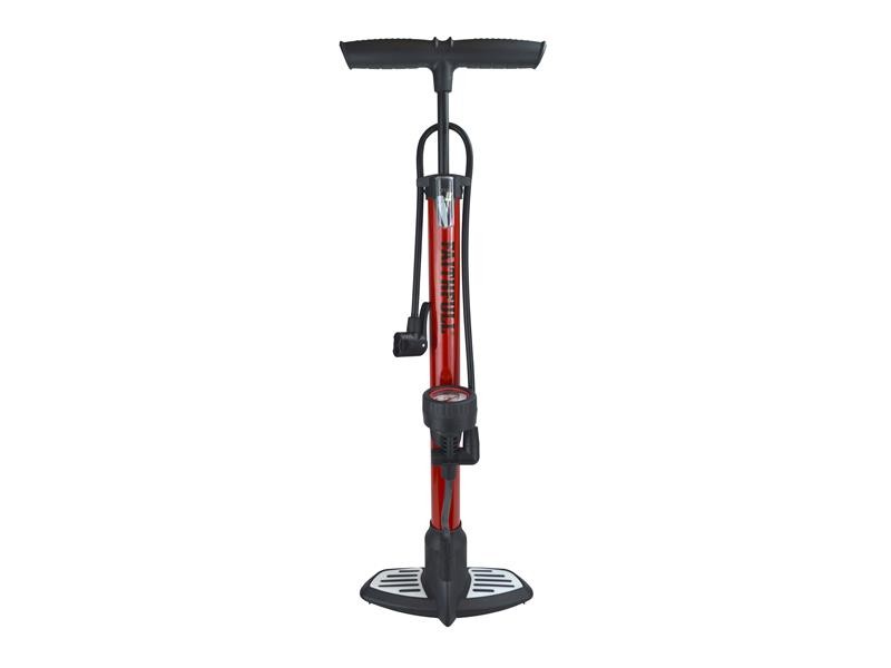 A red and black floor bicycle pump with a T-shaped handle, pressure gauge, and footrest, shown standing upright against a white background.